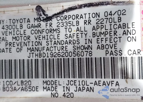 2002 Lexus Is 300 из США, поврежденный, VIN JTHBD192620056078